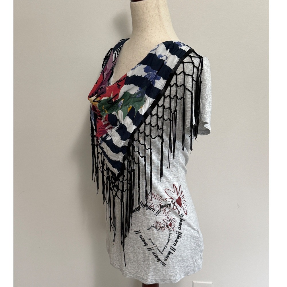 Desigual Scarf Fringe Top Women M Gray Floral Graphic Short Sleeve Excellent - Picture 2 of 10